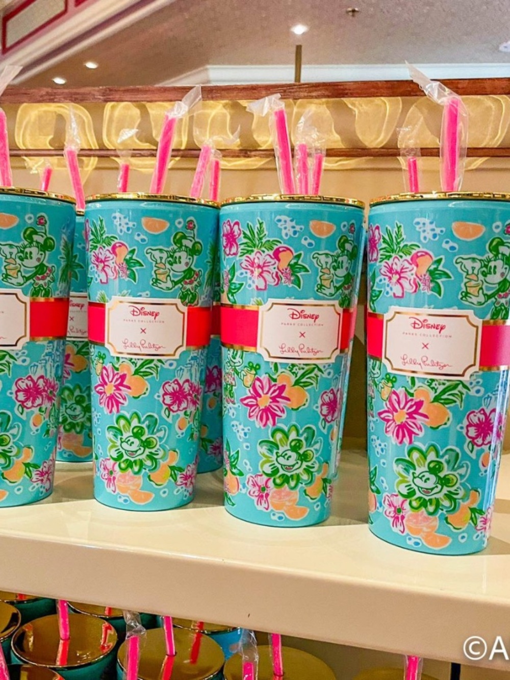 🌺 Disney Parks x Lilly Pulitzer Mickey Minnie Teal Floral Tumbler Gold Lid